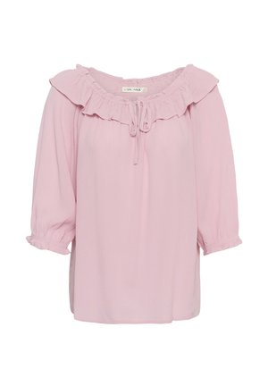 Bluza roz deschis cu mâneci bufante trei sferturi, guler cu volane și detaliu cu șnur în față.