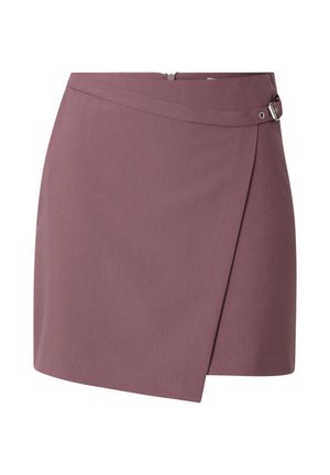 Lila Wickelrock mit flachem Bund, seitlichem Reißverschluss und metallischem Akzent. Glatte Textur, knielang, minimalistisches Design.