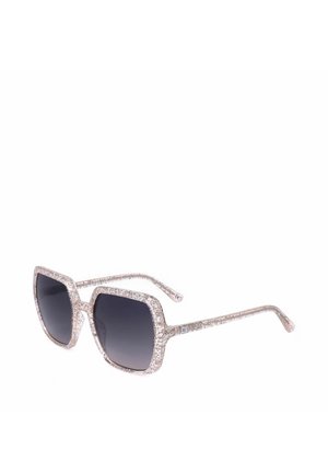 Occhiali da sole quadrati con lenti dark gradient e montatura e aste trasparenti glitterate.