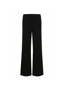 Zwarte wijde broek van zacht materiaal met een elastische tailleband. Heeft een gladde textuur en een full-length ontwerp zonder patronen.