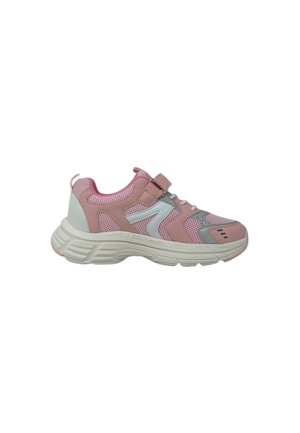 Scarpa da ginnastica per bambini rosa e grigia con suola bianca, tessuto a rete, lacci e cinturino in velcro su sfondo bianco.