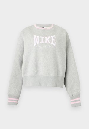 Ανοιχτό γκρι φούτερ Nike με ροζ και λευκό λογότυπο, ριμπ μανσέτες με ροζ ρίγες και ριμπ στρογγυλή λαιμόκοψη.