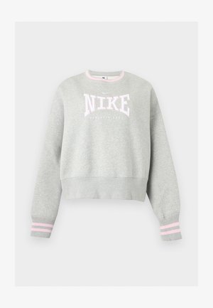 Ανοιχτό γκρι φούτερ Nike με ροζ και λευκό λογότυπο, ριμπ μανσέτες με ροζ ρίγες και ριμπ στρογγυλή λαιμόκοψη.