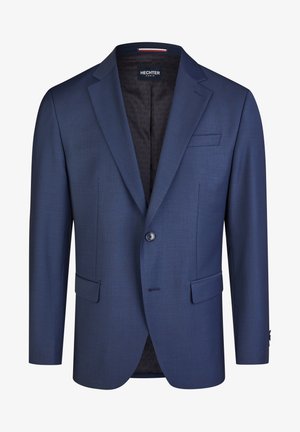 Navy blauwe enkelrijige herenblazer met notch-revers, twee voorzakken met klep, één borstzak en zwarte patroon voering.