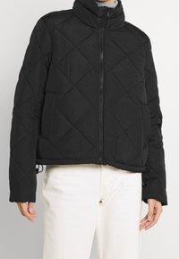 Sort quiltet pufferjakke med høj krave, cropped design, lynlåslukning foran og sidelommer; har en glat tekstur.