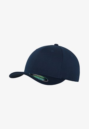 Marineblå baseballcap laget av en blanding av bomullsstoffer, med en rund krone, buet skjerm og et sydd søm mønster. Merker synlige på innsiden.