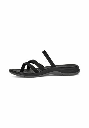 Black slide sandal with three fabric straps over foot and contoured sole, designed for casual wear.