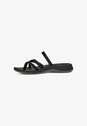 Black slide sandal with three fabric straps over foot and contoured sole, designed for casual wear.