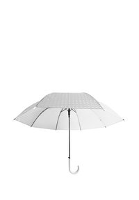 Transparent umbrella with a polka dot pattern, black metal frame, and a white curved handle. Lightweight and compact design.