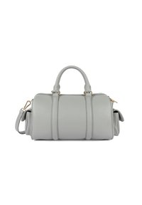 Borsa in pelle grigia con una superficie liscia, forma rotonda, doppi manici, tracolla removibile e dettagli in metallo color oro.