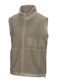 Fleeceweste in Hellbraun mit hohem Kragen, Frontreißverschluss und grauen Akzenten; verfügt über Seitentaschen und "ELB"-Stickerei auf der Brust.