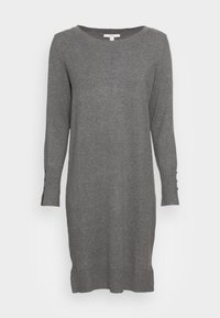 Robe grise à manches longues en tissu doux, avec un col rond et des détails en boutons sur les manches, au design droit.