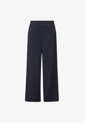Široké kalhoty v tmavě navy barvě, vyrobené z měkké látky s hladkým povrchem, s vysokým elastickým pasem a bez viditelných zapínání.