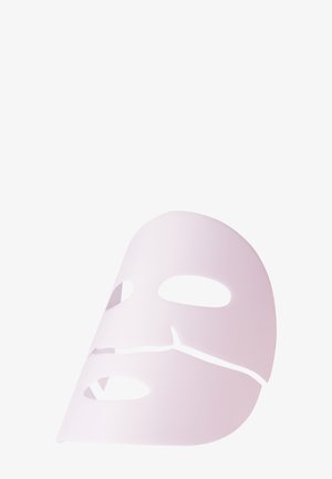 Rosa Gesichtsmaske mit ausgeschnittenen Augen- und Mundbereichen; glattes, elegantes Material; abgerundete Kanten mit einem simplen, minimalistischen Design.