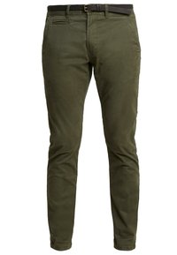 Olivově zelené chinos kalhoty s hladkou strukturou, slim fit, poutky na opasek a předními kapsami. Mají jednu zadní kapsu a jemné detaily v prošívání.