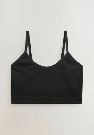 Črna rebrasta bralette z nastavljivimi naramnicami in širokim pasom. Mehka tekstura, brezšivna zasnova, primerna za plastenje ali vsakodnevno nošenje.