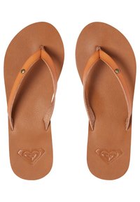 Brown synthetic flip-flops with orange straps, textured surface, and embossed heart logo detail on the sole.