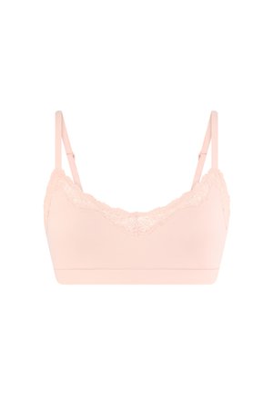 Sujetador inalámbrico de color rosa claro con tirantes ajustables y ribete de encaje a lo largo del borde superior, mostrado de frente sobre un fondo blanco.