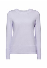 Světle fialový pletený svetr s kulatým výstřihem, dlouhými rukávy a lemem s jemnou strukturou. Jednoduchý a nenápadný design.