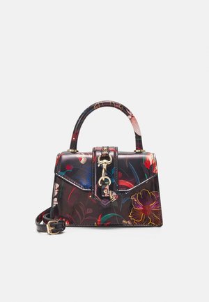 Musta, kukkakuvioitu käsilaukku, jossa jämäkkä muotoilu, kiiltävä viimeistely, yläkahva, irrotettava hihna ja kultaiset metalliosat.