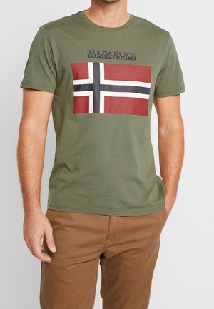 Mand iført olivengrøn T-shirt med et stort rødt, hvidt og sort norsk flag samt teksten "Napapijri", kombineret med brune bukser.
