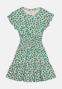 Šaty s květinovým vzorem a zelenými listy a oranžovými květy. Mají krátké rukávy, smockovaný pás a rozšířenou sukni. Materiál: bavlna.