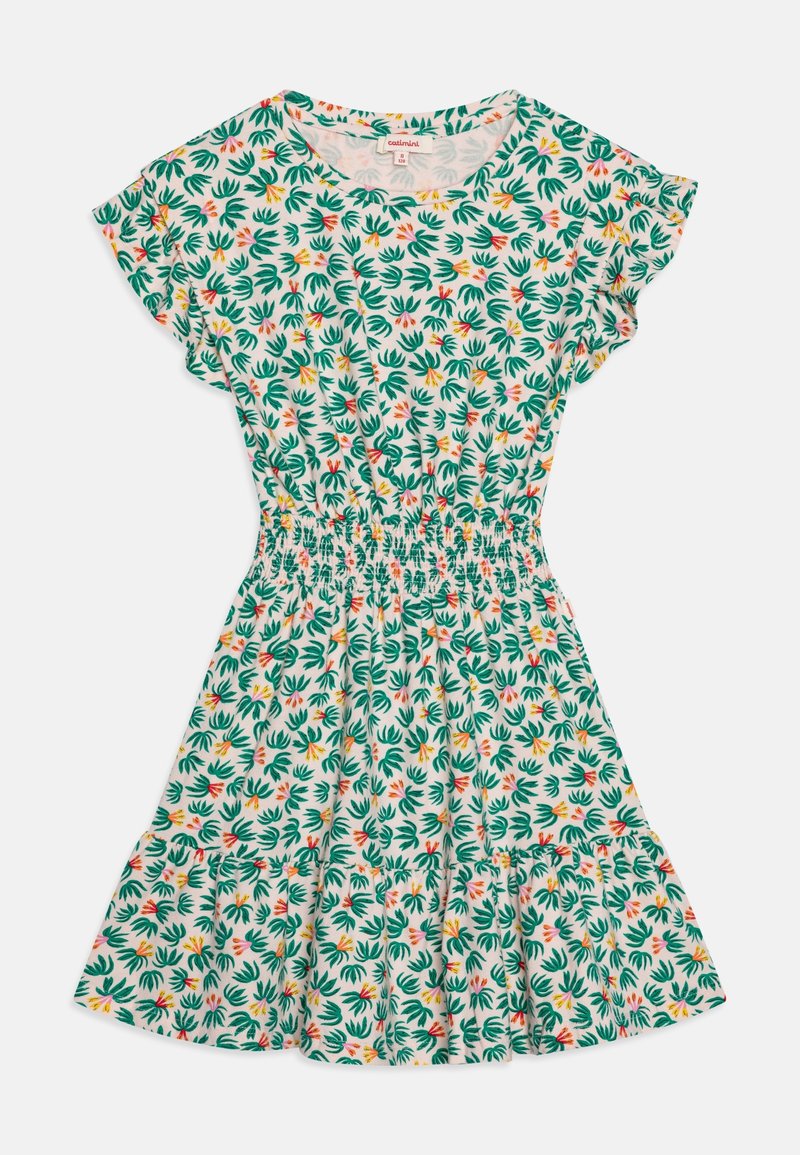 Šaty s květinovým vzorem a zelenými listy a oranžovými květy. Mají krátké rukávy, smockovaný pás a rozšířenou sukni. Materiál: bavlna.