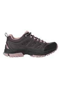 Dunkelgraue Wanderschuhe mit rosa Akzenten, Mesh-Obermaterial, gepolsterter Kragen und strukturiertem Gummisohle mit weißen Sprenkel. Mit schwarzen Schnürsenkeln.
