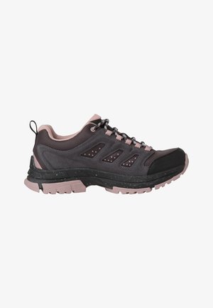 Dark gray hiking shoe with pink accents, mesh upper, padded collar, and textured rubber sole featuring white speckles. Laced with black cords.