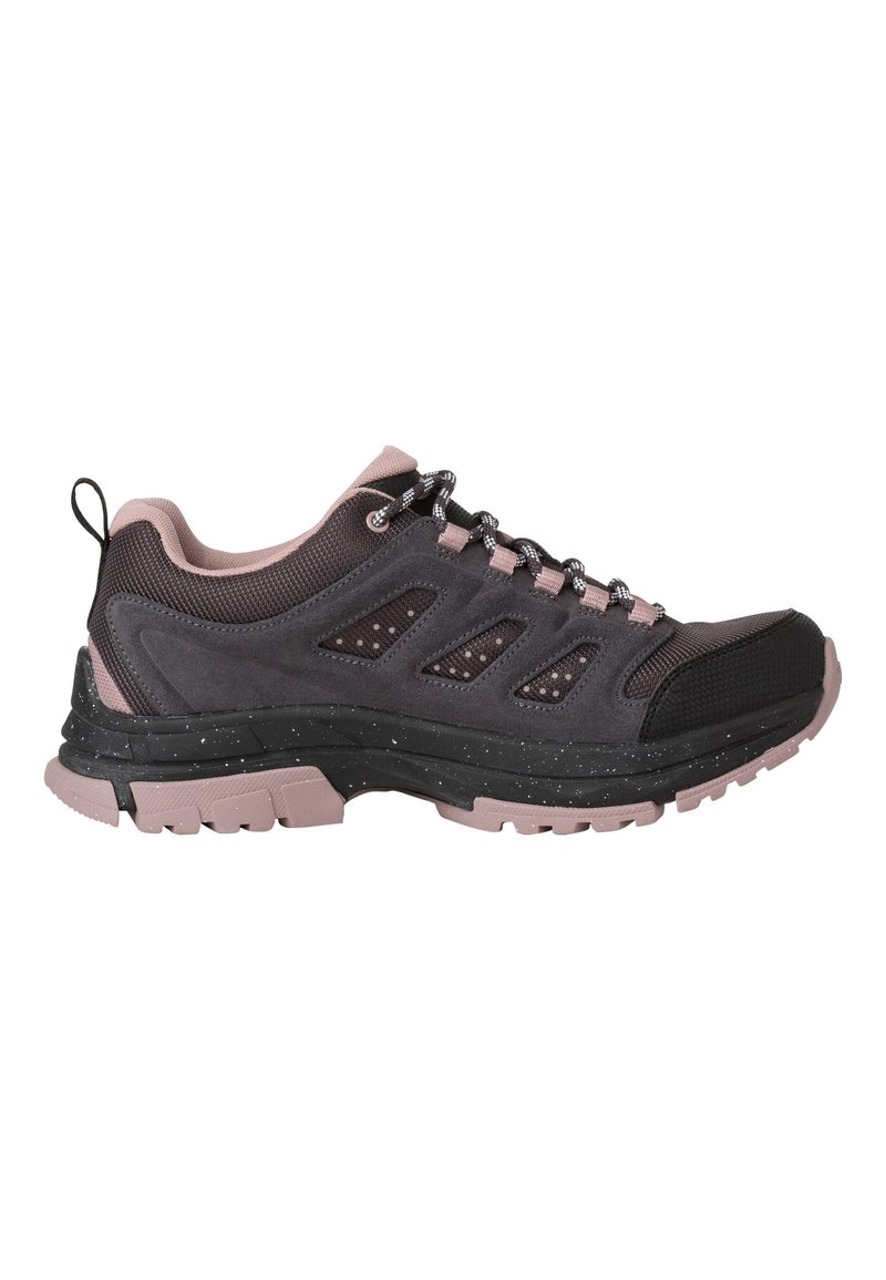 Dunkelgraue Wanderschuhe mit rosa Akzenten, Mesh-Obermaterial, gepolsterter Kragen und strukturiertem Gummisohle mit weißen Sprenkel. Mit schwarzen Schnürsenkeln.