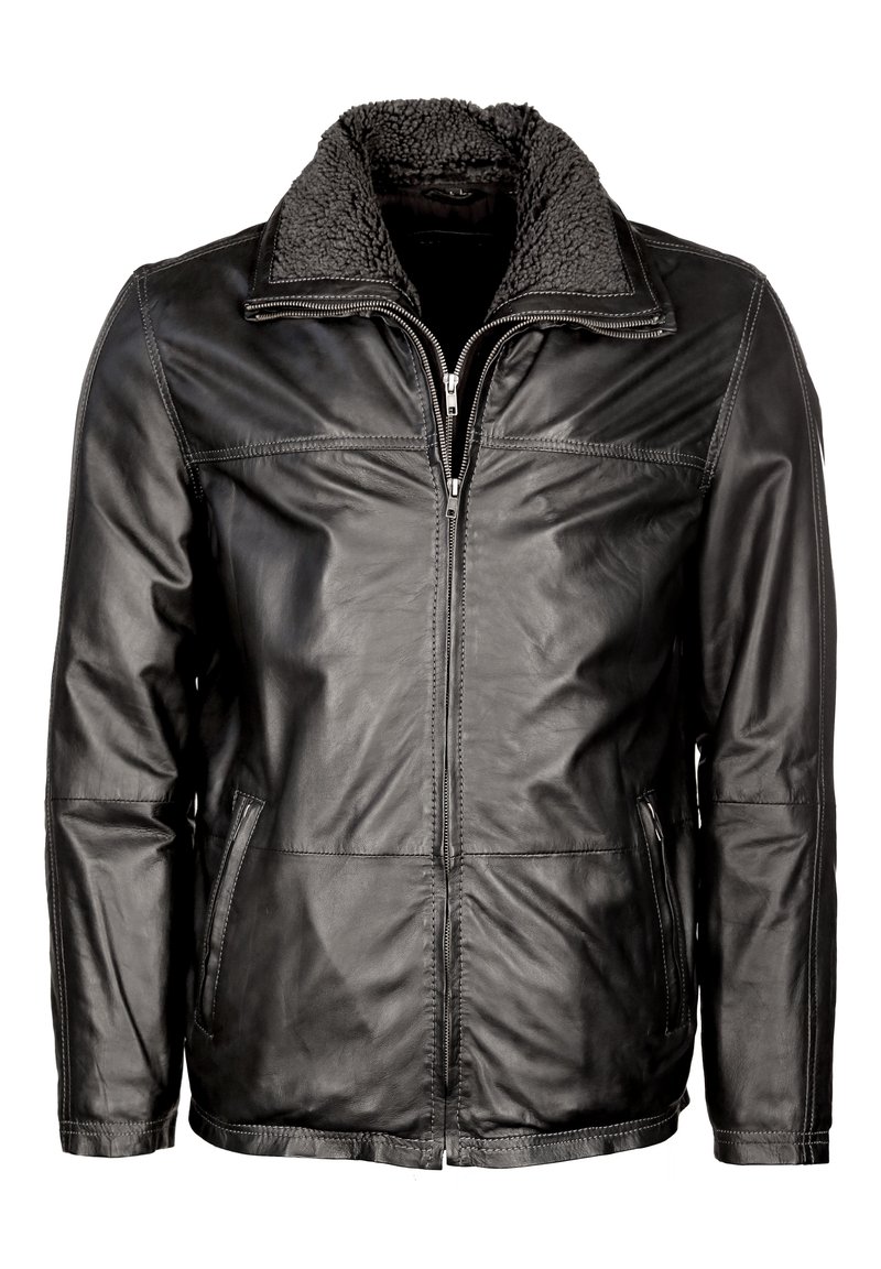 Schwarze Lederjacke mit Reißverschluss, ausgestattet mit einem strukturierten grauen Kunstschaffellkragen und seitlichen Taschen. Glattes Finish und taillierter Schnitt.