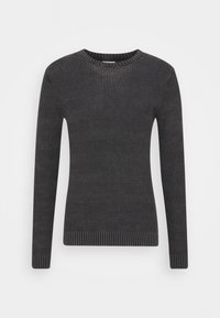 Ciemnoszary sweter dzianinowy z okrągłym dekoltem, długimi rękawami oraz prążkowanymi mankietami i dołem. Teksturowany wzór na całej powierzchni materiału.