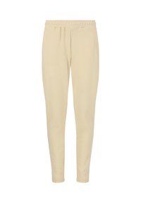 Cremefarvede, strækbare joggingbukser med elastisk talje, tapered ben og glat tekstur. Ingen synlige mønstre eller accenter.