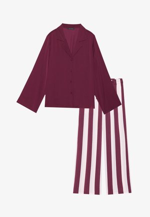 Long-sleeve, button-up burgundy top paired with wide-leg pants featuring vertical burgundy and white stripes.