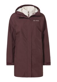 Burgunderfarbene wasserdichte Jacke mit einem plüschigen weißen Innenfutter, Kapuze und langen Ärmeln. Verfügt über einen Reißverschluss und verstellbare Bündchen.