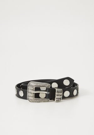 Black leather belt featuring large silver studs, a rectangular metallic buckle with a woven pattern, and a smooth, textured finish.