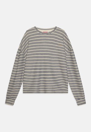 Langarmhemd aus weichem Stoff mit horizontalen Streifen in Marineblau und Creme, mit Rundhalsausschnitt und einem kleinen bestickten Detail.