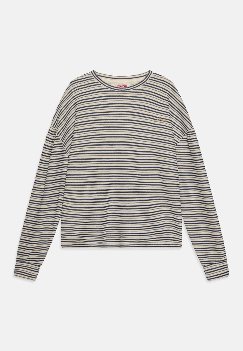 Chemise à manches longues en tissu doux, ornée de rayures horizontales navy et crème, avec un col rond et un petit détail brodé.