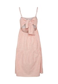 Raidallinen hihaton mekko pehmeässä vaaleanpunaisessa ja valkoisessa, jossa on solmittava etuosan yksityiskohta ja kerroksellinen helma. Kevyt ja hengittävä kangas.