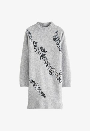 Grijze sweaterjurk met een hoge halslijn, voorzien van een ontwerp van zwarte en zilveren pailletten in een vloeiend patroon. Ribgebreide manchetten aan de mouwen.