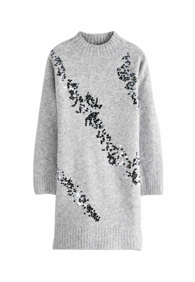 Graues Strickkleid mit hohem Kragen, das mit einem Design aus schwarzen und silbernen Pailletten verziert ist, die in einem fließenden Muster angeordnet sind. Rippbündchen an den Ärmeln.