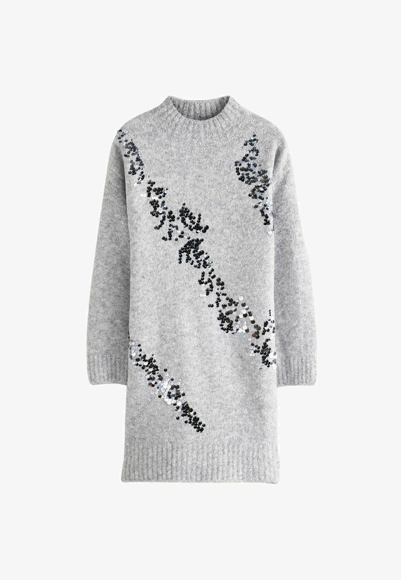 Hallhalli hallkleit kõrge kaelusega, millel on mustade ja hõbedaste litrite kujundus, mis on paigutatud voolavasse mustrisse. Varrukad on soonikkoes.