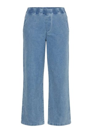 Jasnoniebieskie casualowe spodnie z elastycznym paskiem, bocznymi kieszeniami, prostymi szerokimi nogawkami i bez widocznych zapięć.