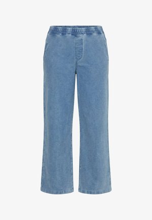 Pantaloni casual azzurri chiari con vita elasticizzata, tasche laterali, gambe dritte e ampie, senza chiusure visibili.