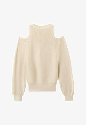 Krémovo sfarbený pletený sveter s otvorenými ramenami, dlhými balónovými rukávmi, rebrovanými manžetami a rebrovaným lemom.