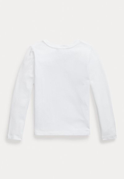 Plain white long-sleeve shirt with crew neckline shown from the back on a light background, no visible patterns or logos.