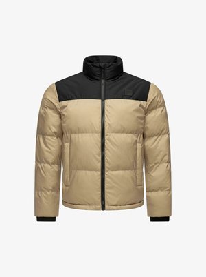Beige and black color-blocked puffer jacket, featuring a high collar, full zip, and side pockets with a smooth, lightweight fabric texture.