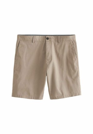 Šviesiai rudos šortai, pagaminti iš lengvos medžiagos, su mygtukų uždarymu, diržo kilpomis ir dviem šoninėmis kišenėmis, turinčiomis sklandžią tekstūrą.