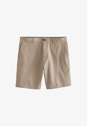Beige Shorts aus leichtem Stoff mit Knopfverschluss, Gürtelschlaufen und zwei Seitentaschen mit glatter Textur.