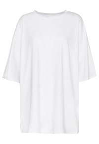 Loose-fitting white cotton t-shirt with a rounded neckline and short sleeves, featuring a smooth texture and simple design.